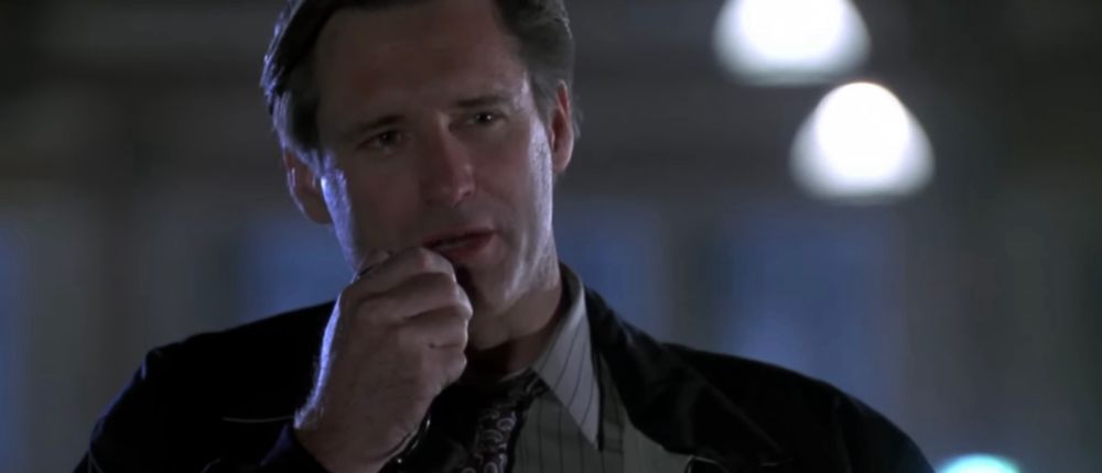 A close up of Bill Pullman as President Whitmore giving his speech to the pilots during the 1996 motion picture Independence Day.