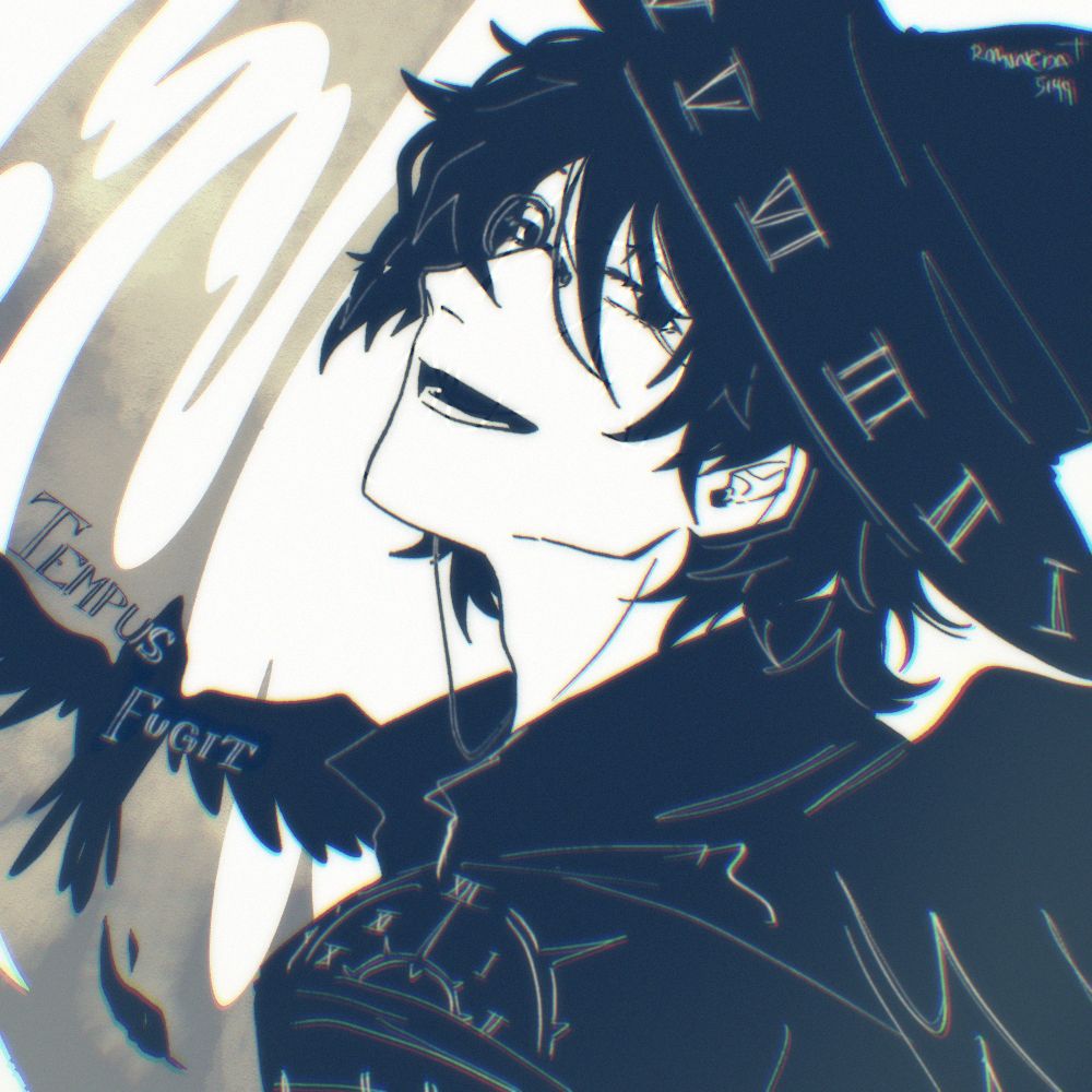 Fanart of Amon from the novel "Lord of Mysteries"
He faces back while his back is against the viewer, there's clock imagery in his clothes and there's a black bird in the background.
Added the saying "Tempus Fugit" Latin expression for "Time flies(in English would be closer to Time Escapes/Runs Away, like sand between your fingers)" As a reminder that time is important and matching with this character abilities in book one.