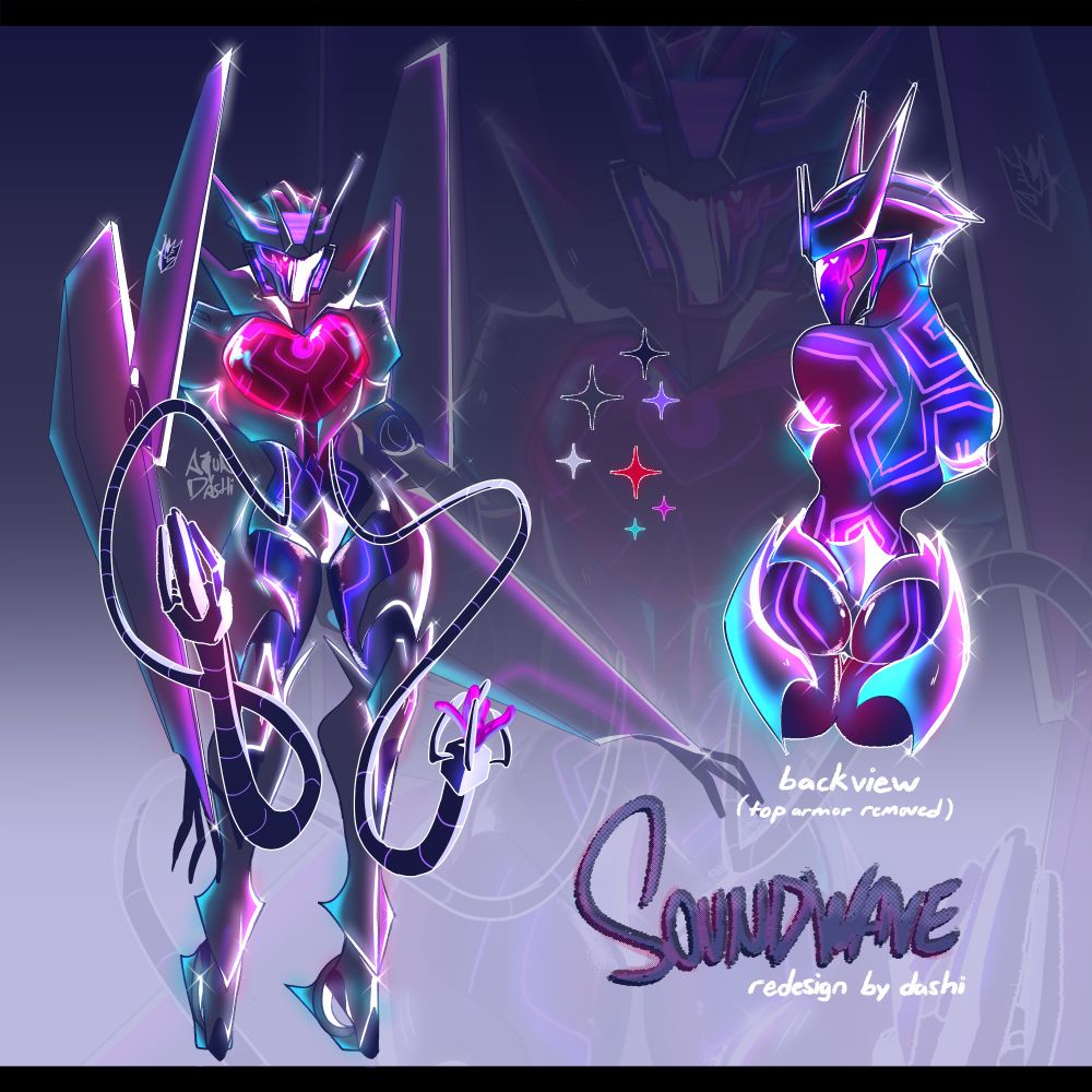 Artwork of Soundwave based off of Transformers Prime. A fullbody reference sheet of a redesigned version is on the left. A mecha with a humanoid slender frame, but applied silver blue armor. His helmet head consists of two sharp shards jutted upward like a crown. His face is a full visor. His chest plate is a heart-shape see-through design. His body is hinted too much with his lack of armor. On the left, is a backview with his top armor removed to showcase his slender frame more alongside his body markings.