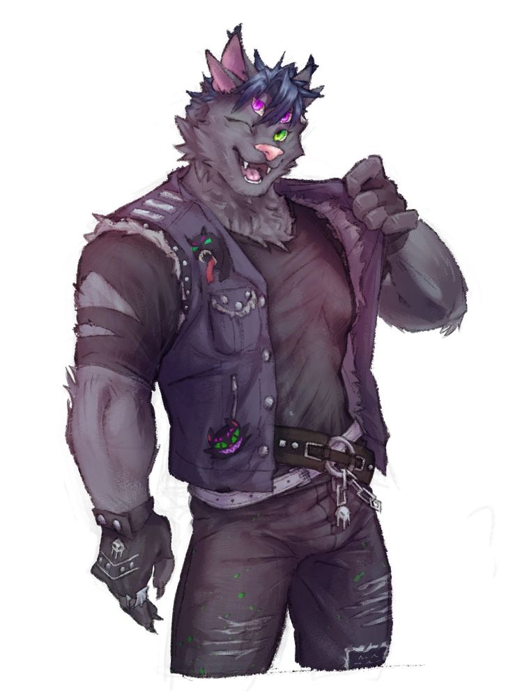 Colored illustration of Nick Nocturne smiling in his punk outfit. From the thighs up and with no background.