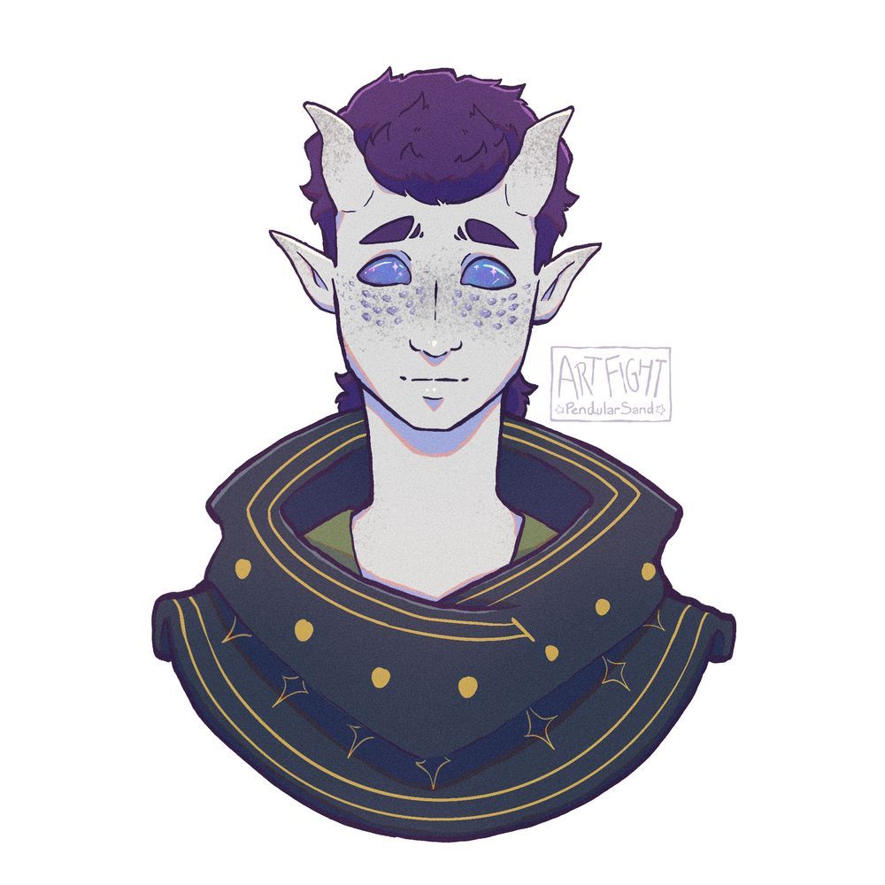 A digital headshot illustration of someone's original character. They have pale skin, dark short purple hair, two small horns and a starry shawl. Galaxies reflect in their eyes.