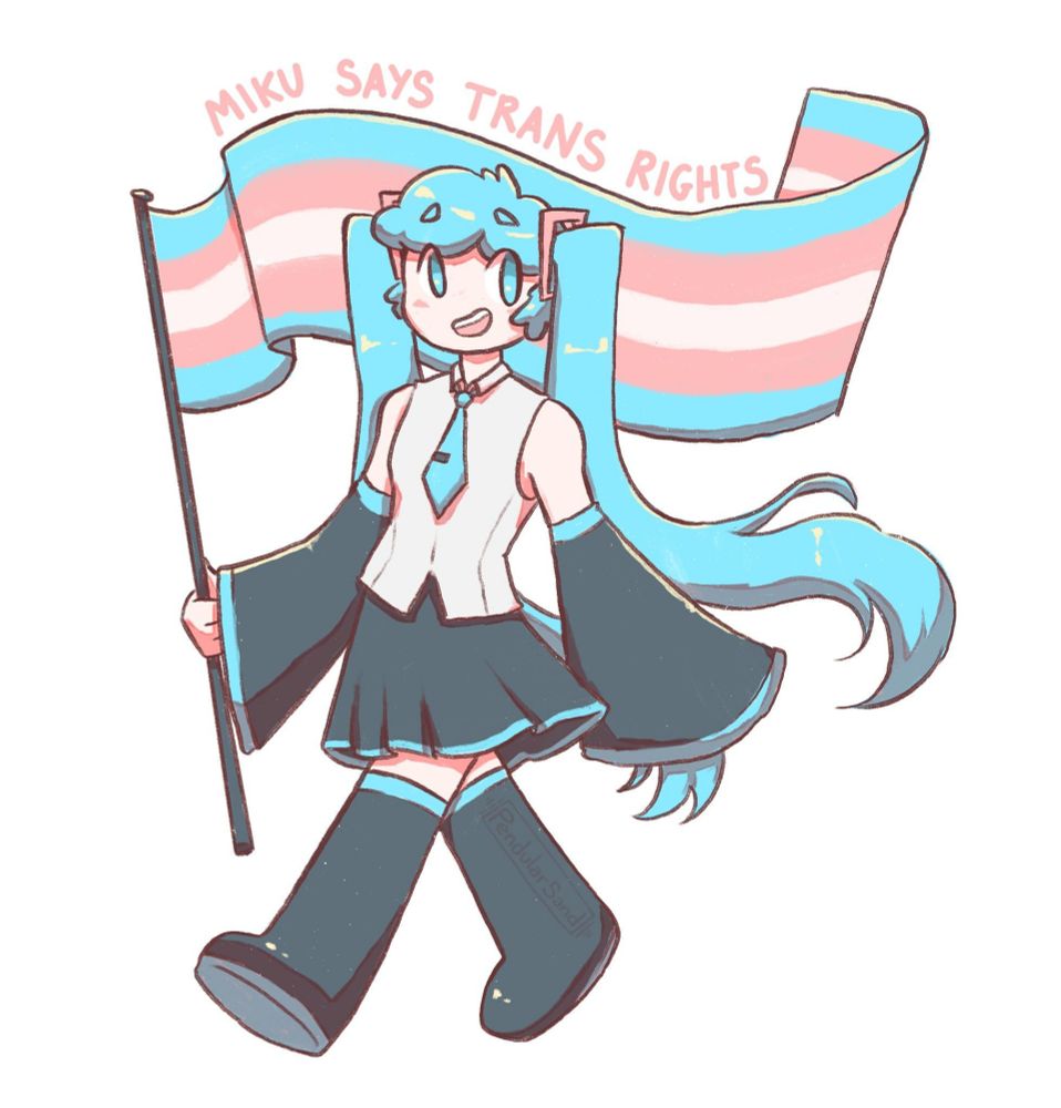 A digital illustration of a cartoon style Hatsune Miku holding a trans flag. Pink text above her says "Miku says Trans Rights"