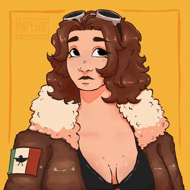 A digital headshot illustration of a person's original character on a saturated yellow background.