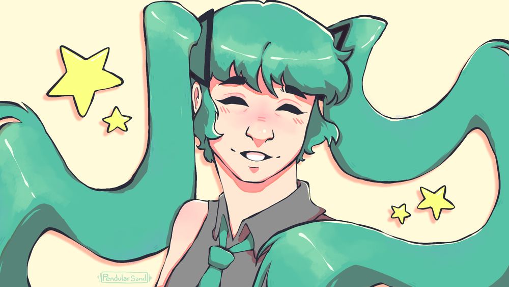 A Digital Illustration of Hatsune Miku. She is smiling and surrounded by yellow stars.