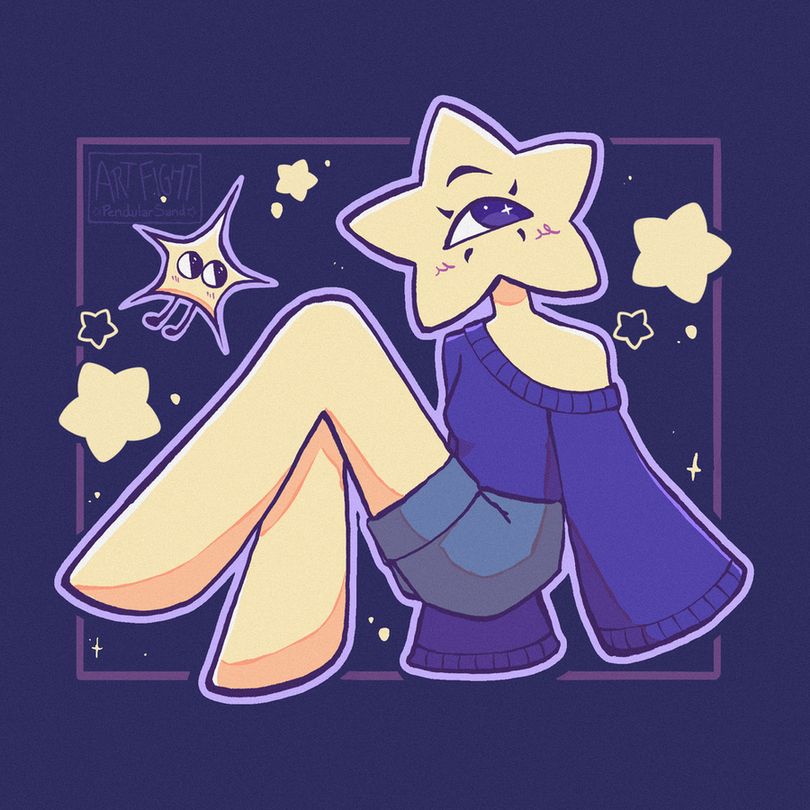 A digital illustration of PureLudic's OC named Ludic. She has a star for a head and one eye. She is floating in front of a dark purple background surrounded by smaller stars.