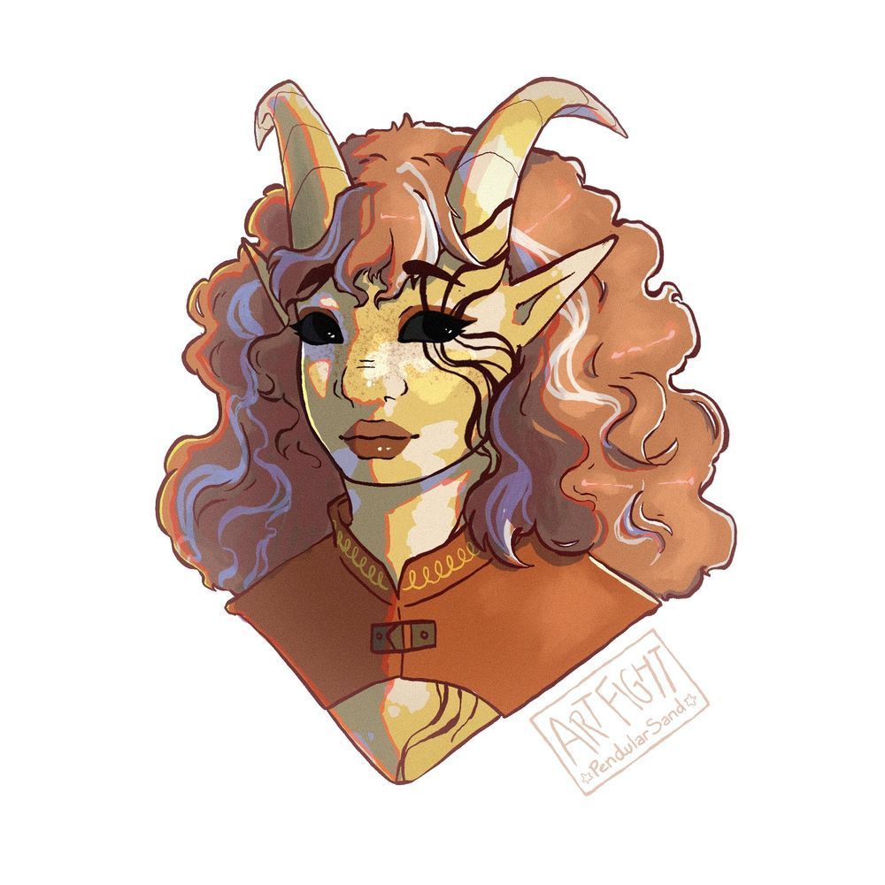 A digital headshot illustration of someone's original character, they have black eyes, two horns and long red curly hair with white streaks in it.