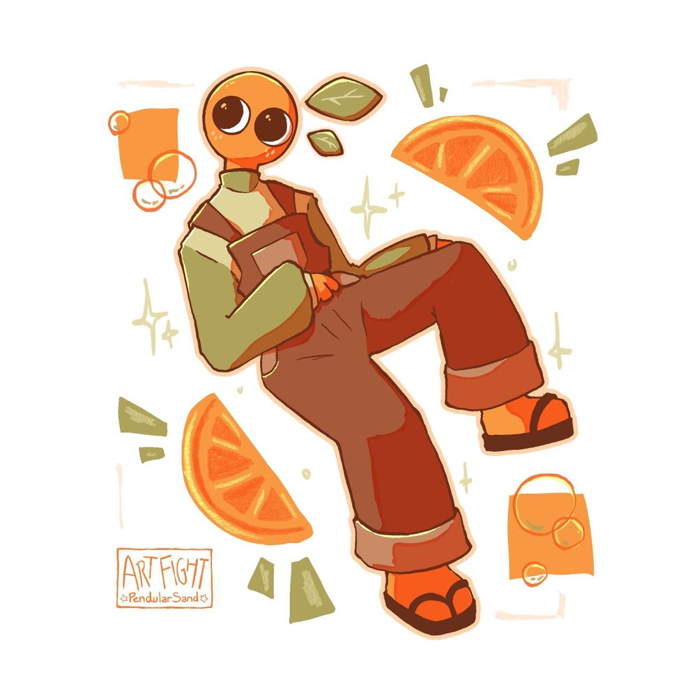 A digital full body illustration of someone's original character. They have an orange for a head and are wearing brown dungarees, surrounded by abstract shapes and a frame.
