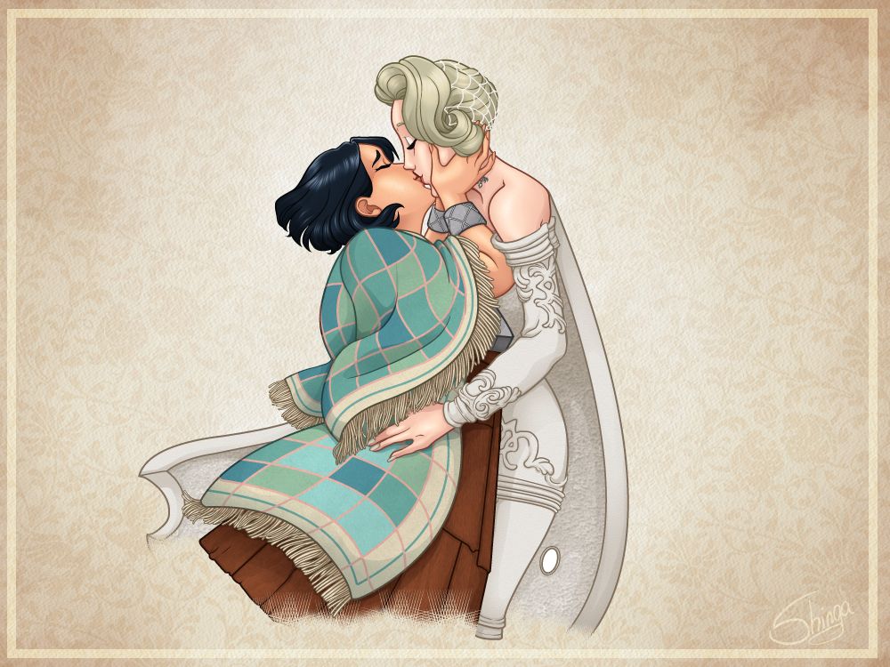 fanart of the characters Celia and Florence from Date Everything, kissing each other