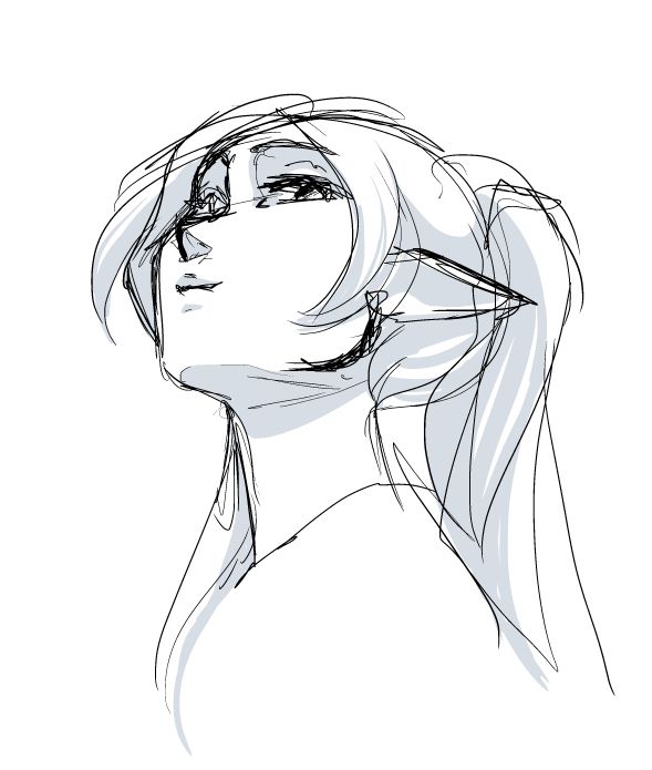 a quick messy sketch shaded in a cool blue of Frieren the elf at a difficult upshot angle