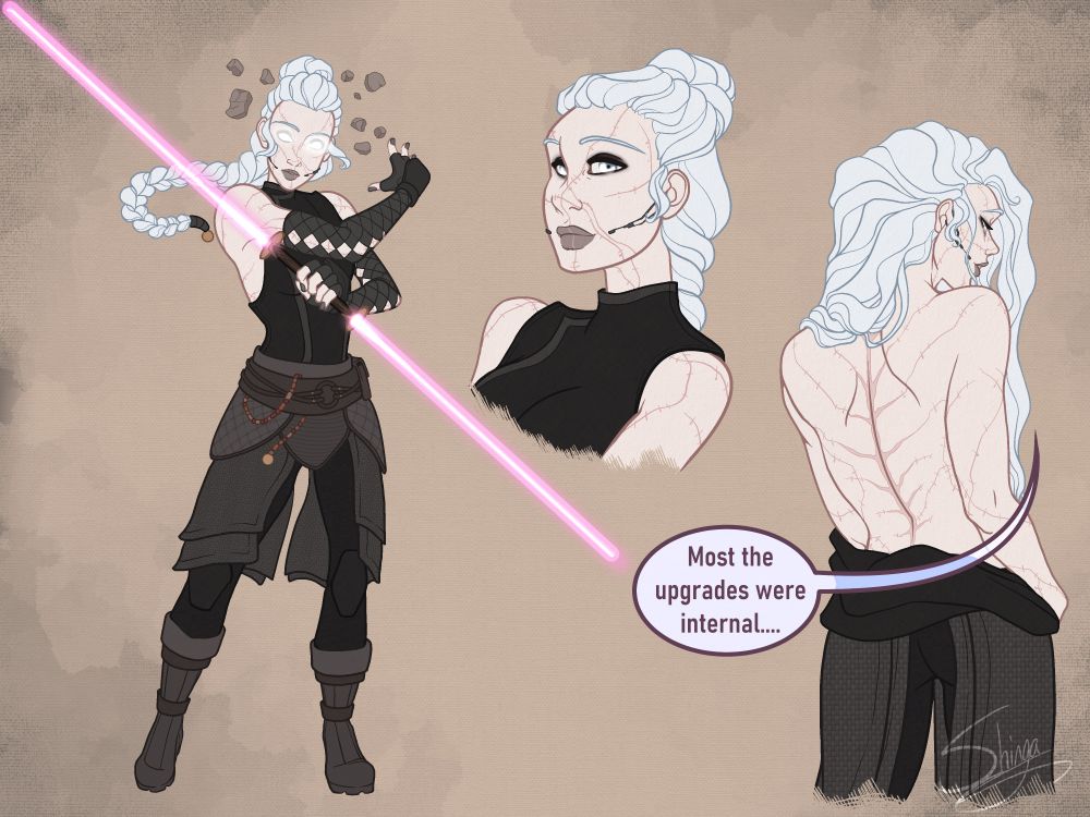 my Star Wars character Casima, a pale woman with a long white braid, scars covering her body with vaguely-glowing cybernetic white eyes. she's drawn three times, one time a full body drawing with her double-bladed pink lightsaber and black outfit as she uses some force abilities, second drawing is simply a shoulder-up look at her face, and the third shows her bare back with her shirt lowered and hair loose, her spinal scarring on full display as she explains 