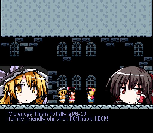 A Screenshot of Marisa & Reimu's Hack 2. Depicted is Marisa and Reimu standing before a rodent-mario mashup. There are big head sprites to the sides, Marisa to the left and Reimu to the right. Marisa has unamused expression, while Reimu has sad expression. The message box contains dialogue from Marisa, and reads:

Violence? This is totally a PG-13
family-friendly christian ROM hack. HECK!