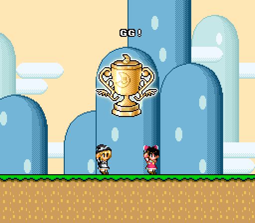 Marisa And Reimu celebrate getting a REAL trophy and not the poorly ripped one. There's a "GG!" text at the top.