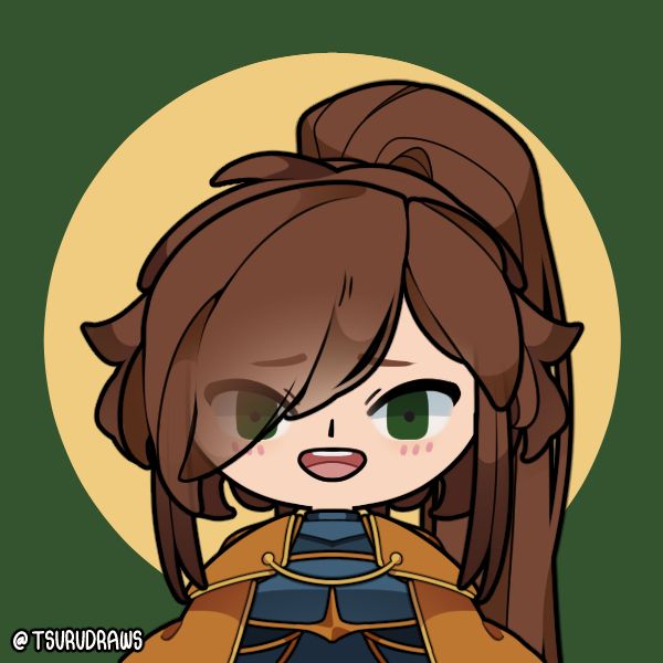 Drawing of a knight. Long, brown hair that is mostly tied back in one pony tail. Wide, open green eyes and blushed cheeks. An open smile with her top teeth showing. Wearing blue armor with an orange cape.
@tsurudraws