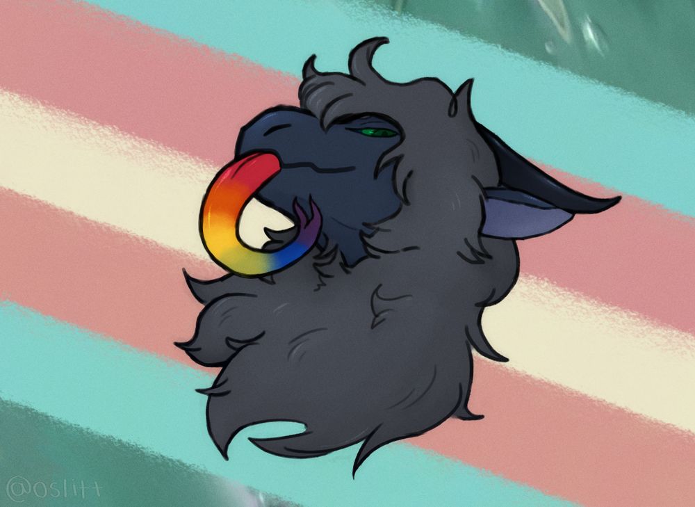 A digital drawing of an anthropomorphic blue dragon. It is a bust drawing of the dragon from the neck up.

The dragon has a gray fluffy mane like a lion's, as well as long pointy ears and smooth, straight black horns.

The dragon is looking at the viewer while smiling and sticking their tongue out, which is colored like a rainbow.

The background behind the dragon has the transgender flag, and behind the flag is a turquoise slime-like texture.