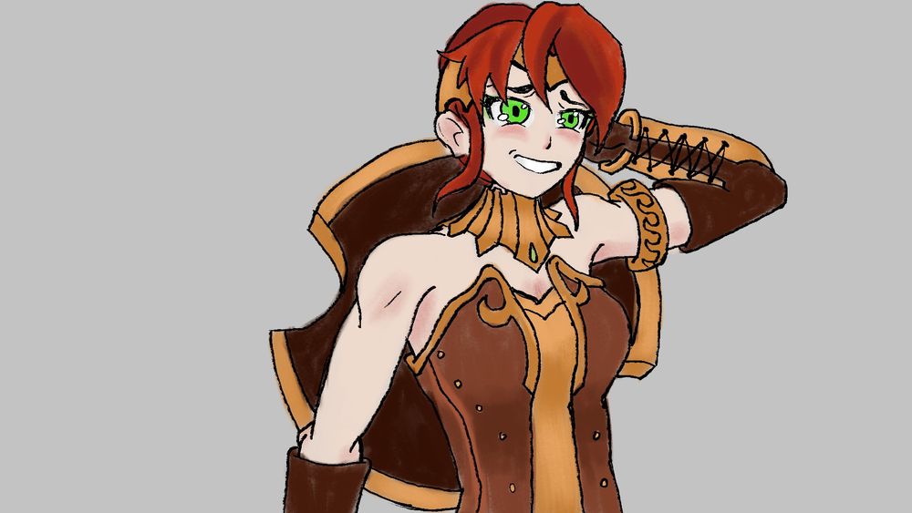 Cantés digital art of the character Pyrrha from the show RWBY making a nervous/ awkward grin while her left hand is behind her head. 