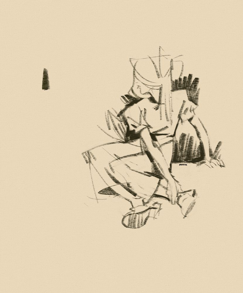 quick sketch of a girl sitting on the ground looking distressed and holding onto her ankle 