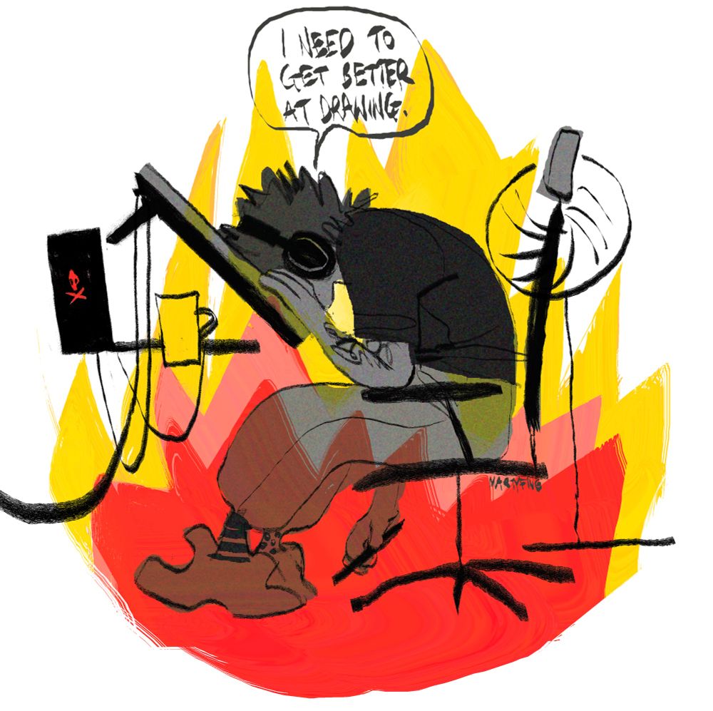 simple drawing of me sitting at my work table with my face down on the drawing tablet saying „i need to get better at drawing“ while there’s a big fire in the background 