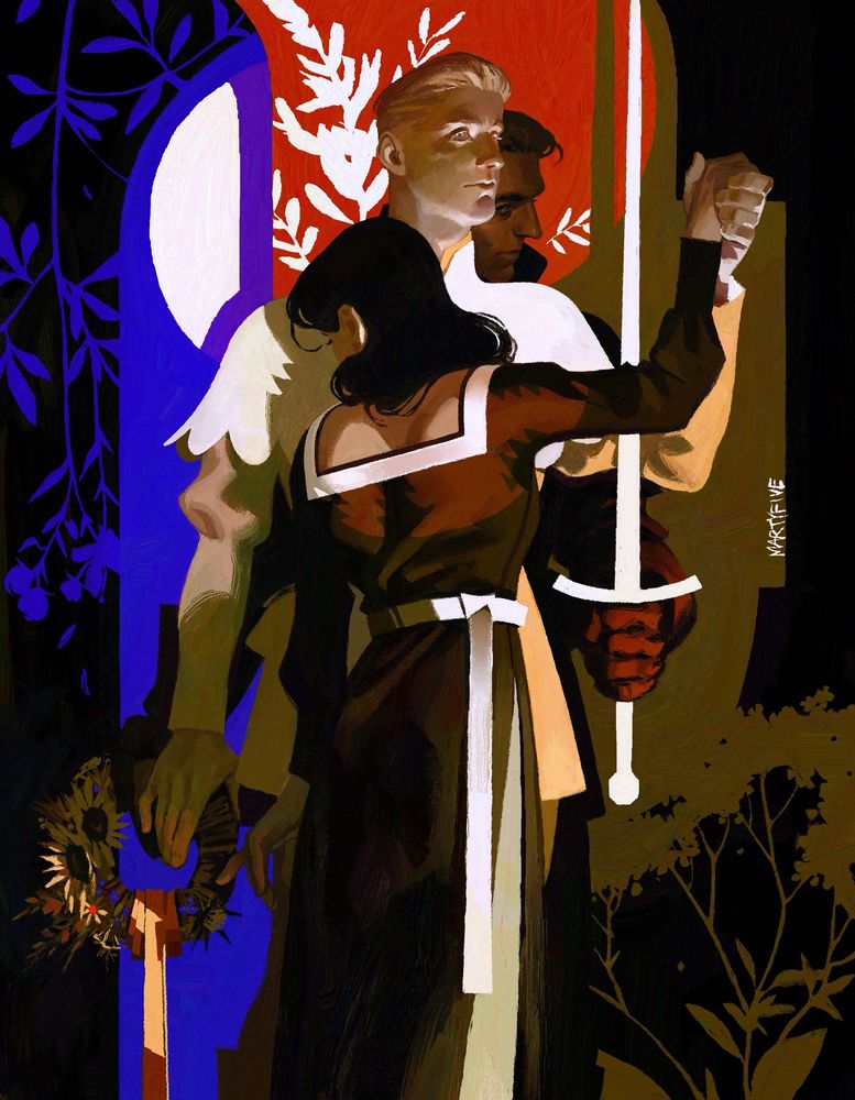 a digital painting with three characters from kingdom come deliverance games standing one before the other: lady jitka, hans and henry. first comes lady jitka of kunstadt standing with her back to us. she is dressed in a dark reddish dress with white rim that slightly opens her shoulders, and a white waistband. she has black hair and warm skin and looks very delicate. next, standing face to face with her but looking sideways, is hand capon, her almost husband. he’s highest of the three of them, dressed is almost all white, with yellow hues. there’s somewhat lost look on his face. he holds jitka’s right hand in his left one up, but it doesn’t look like he’s doing it willingly. behind him, almost lost to the background and to the figures before him, stands henry. he’s holding his sword in his left hand, wearing a red glove. the blade of the sword stays between hans’ and jitka’s shoulders, not letting them come closer to each other. henry’s face is barely visible behind hans’ shoulder but he’s looking at jitka. not with hate, not with jealousy, more with acceptance and awareness. henry’s holding a wreath full of flowers and a red ribbon in his right hand. hans’ right one, instead of holding jitka’s, has found the wreath without having to look, and his and henry’s finger are 
touching. jitka knows. she’s looking down, trying to reach them with her fingers, but alas. that heart is already full.

there are herbs’ silhouettes in the background. according to the list of plants with symbolism on wiki, here’s their meaning. astragalus for hans (your presence softens my pain), heliotrope for henry (emblem of faithfully devoted love), and rue for jitka (regret, sorrow, repentance, grace, clear vision , disdain).