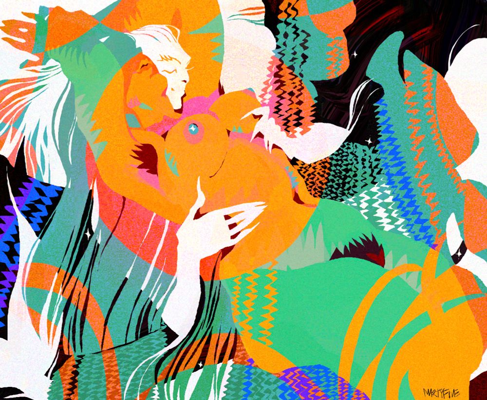 a digital drawing of two figures — of a woman and a mermaid, — who are being very passionate with each other among the river grasses. the colors of the woman‘s nude body are very bright and colourful, and the mermaid is as white as a paper.