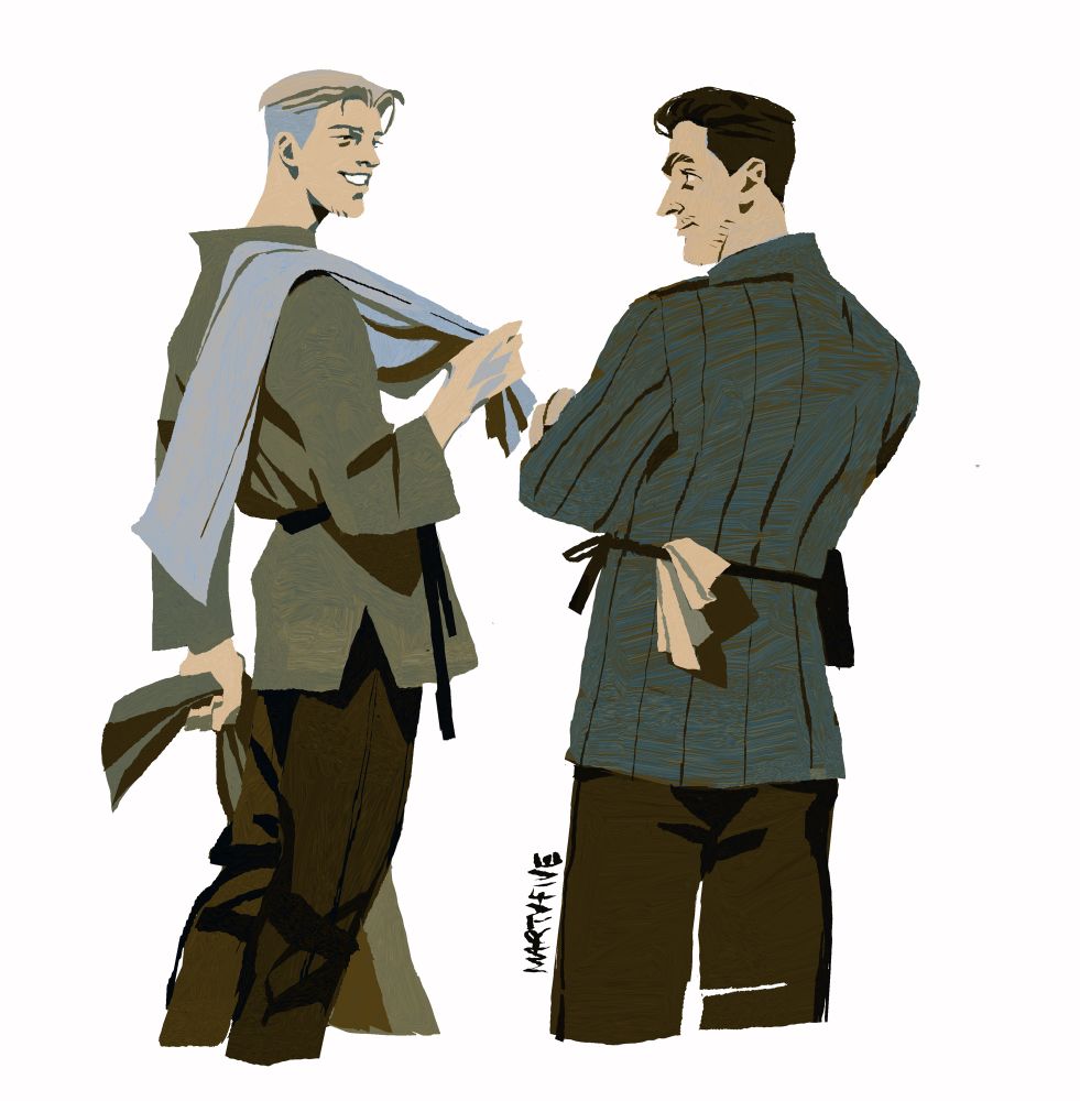 a drawing of hans capon and henry of skalitz from kcd games. hans is holding an empty sack in each hand, one is thrown around his shoulder, the other is still on the ground. he’s smiling. henry is folding his arms beside him with the look on his face that says everything you can imagine henry would say upon seeing hans making a scene out of carrying empty sacks.