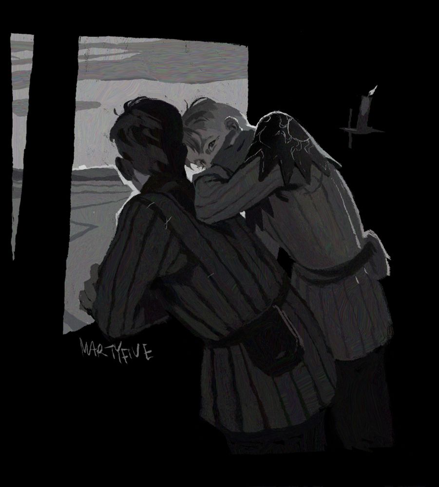 a digital drawing of henry and hans from kingdom come deliverance games. they’re standing in front of the window opening with the view on the sunset over the fields. henry is leaning on the railing, arms folded, with his back to us. hans is leaning towards henry. with his left elbow on henry’s back, he is covering a part of his face from us, but he still looks at henry and we can tell he’s smiling. there’s a candle in the background. there’s also sun and stars embroidered on the hood hans is wearing. the question is, which sun is henry really looking at😎 