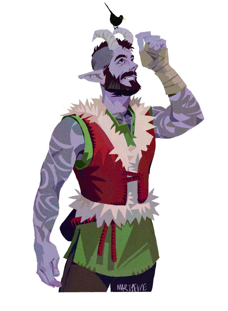 heavypaint drawing of Mario’s tiefling druid original character, Kosme. a blackbird is sitting on one of their horns.