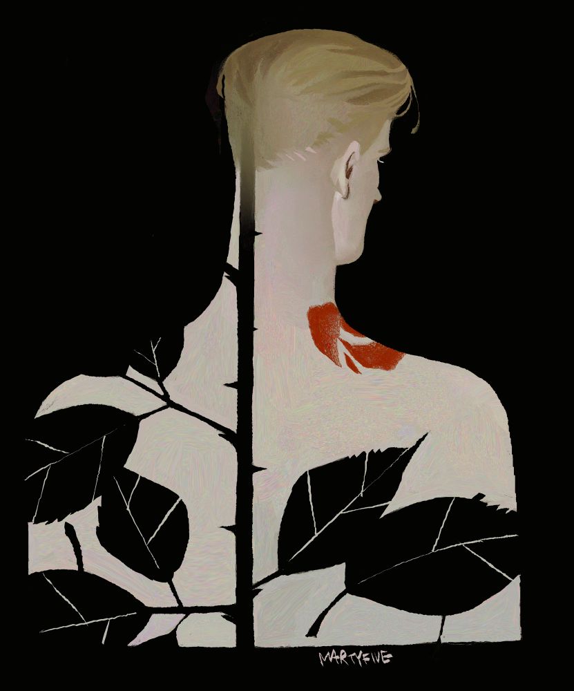 a portrait of hans capon from kcd games from his back. a stylised stem of a rose with leaves is shown like a silhouette or a shadow along his spine. the rose itself is on his right shoulder, like a bite or a bruise. 