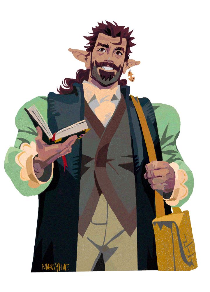 heavypaint drawing of Mario‘s half-elf original character, Arän. they’re holding an open book in their right hand.