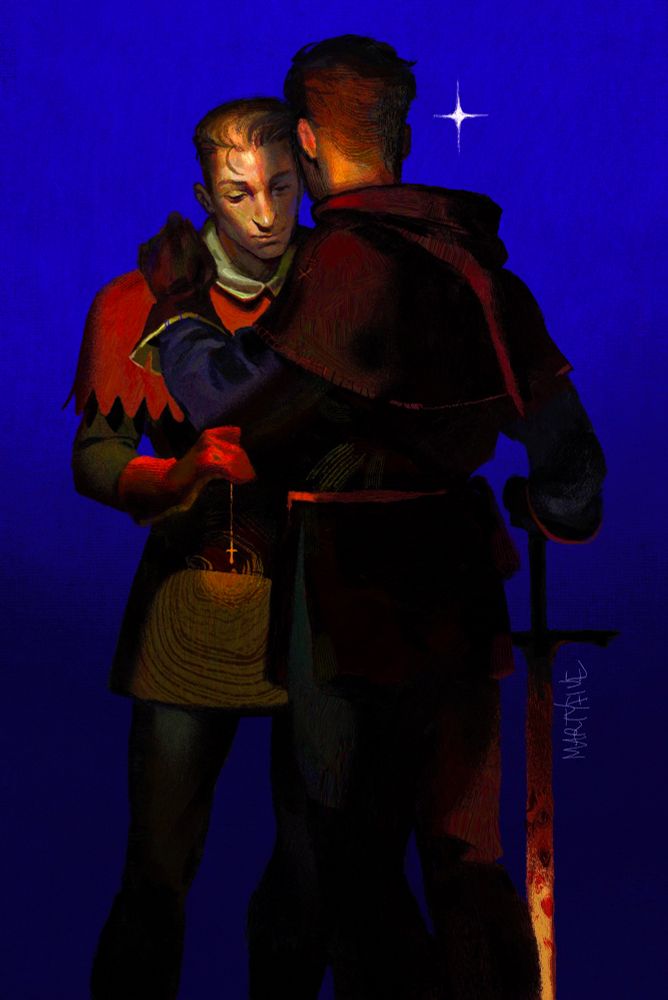 a digital painting of hans and henry from
kingdom come deliverance games. they’re standing facing each other, with henry’s back turned to us. only the upper parts of their bodies are in the light. henry is keeping his right hand on a sword that’s red from smithing, his left hand is on hans’ right shoulder, left side of his face touching hans’ left temple. hans is holding a golden cross that hangs from his palm on a chain, it shines dimly. he’s looking down on it, hesitant. the background is bright blue, like the sky happens to be on a cloudless summer evening. the characters are bright too, with red and yellow accents where the light shines upon them. there’s a single four-pointed white star above their heads.