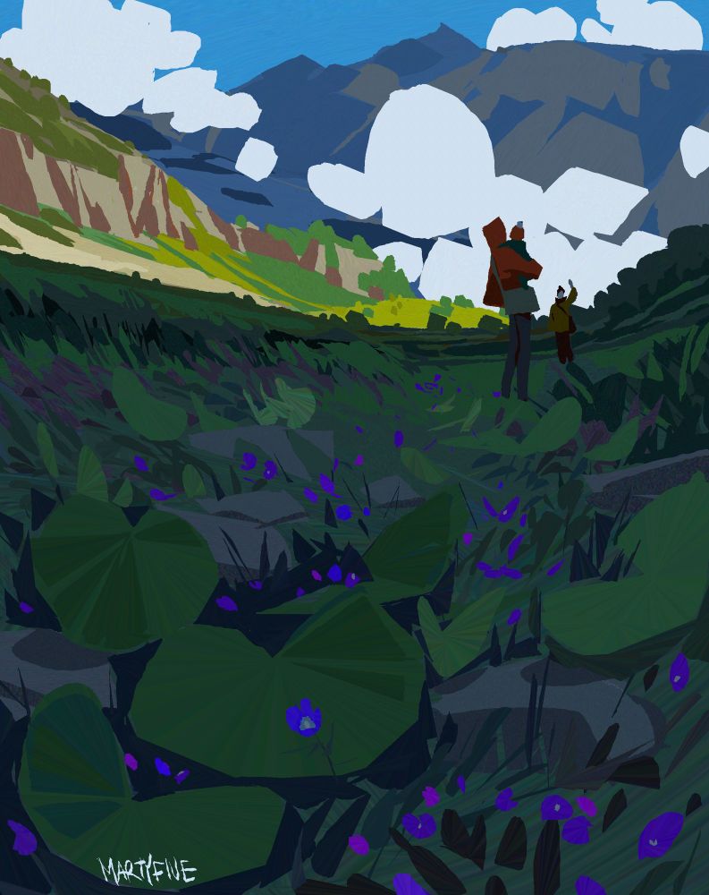 a study of a mountain landscape on a sunny day. there are white clouds and a lot of purple flowers and weeds hidden in a shadow of a mountain. two of my friends are also there, standing on a hill. one of them is standing with her back turned to us, holding a child in her arms. the other one is waving at us from down the hill. these are the mountains around our hometown.