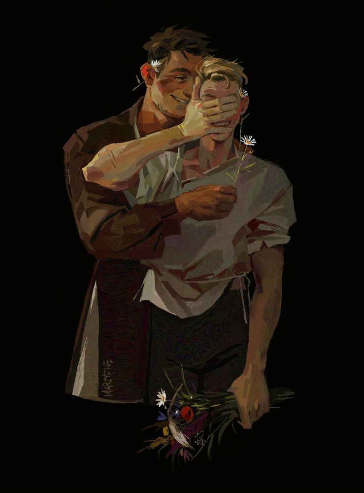 a fan art of henry and hans from kingdom come deliverance games. hans is standing with his back to henry, holding a bouquet of field flowers in his left hand. he’s hiding his face behind his right hand, emotional and slightly embarrassed, with his cheeks red. henry, standing behind him, is holding a daisy flower in his right hand before hans’ face. with his left one he’s putting the other flower behind hans’ ear. the third daisy has found it’s place behind henry’s right ear. the fourth one is in the bouquet hans’s holding. they’re both laughing. the whole picture is very warm, like it’s an afternoon of a sunny day.