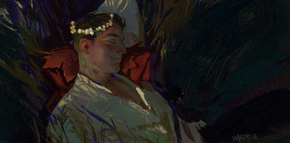 a fan art of henry from kingdom come deliverance games chilling in a field with a simple wreath of clover flowers and one 4-leaf clover on his head (hans tried his best) using hans’ red cape as a pillow. he’s wearing a simple white shirt with a belt. he’s smiling, eyes closed.