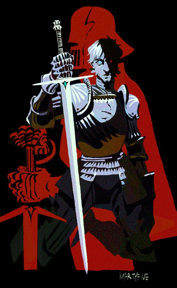 a heavypaint star wars fanart of luke skywalker and darth vader but i made both of them medieval knights. luke is on his knees in full armor with his face to us, leaning on his sword clutching the handle with his right hand in glove. there’s a green stone under his sword’s guard. he’s mostly hidden in shadow with a white spotlight falling onto half of his face and the upper part of the armor. the iris of the eye on the side of the face that’s hidden in shadow is red. there’s a crack on his breastplate, from his heart up towards his head.

darth vader is just a red silhouette behind luke. his helmet is intact, but it’s fractured (it was also really easy to turn it into a medieval one). he’s standing in profile, hands in gloves on the handle of his sword with a red stone under the guard.