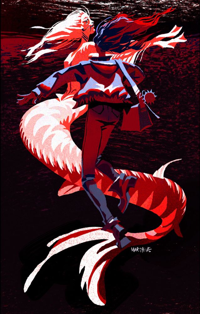 a heavypaint drawing of two figures in red light on a dark background. a girl is floating in the water with her back to us. it looks like she ended up where she is by accident, since she’s dressed up casually and she’s got her school bag with her. the mermaid is swimming up before her, tail is long and patterned. she doesn’t seem to mind the girl being there.