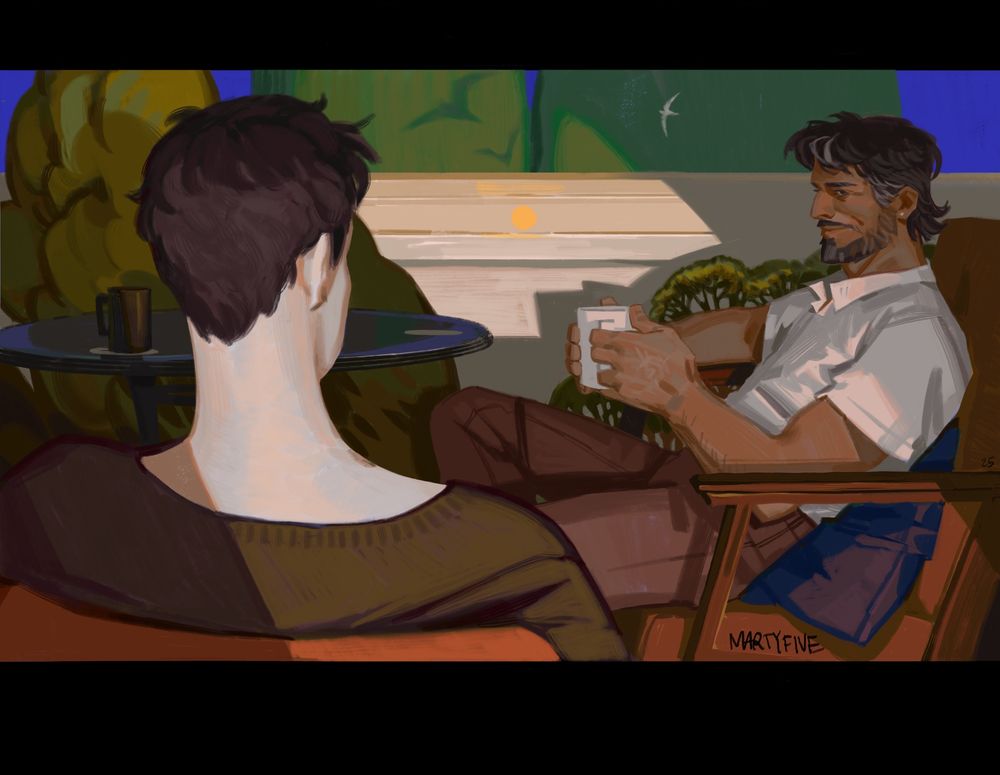 digital painting of a summer evening in karnaca, the southern city from dishonored games. the outsider (already human, sitting with his back to us) and corvo attano (still very much human, handsome and free from his royal duties) are enjoying their evening on the rooftop patio. you may think what you want, to me they’re already married. that’s it.