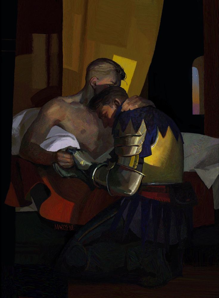 a fanart of henry and hans from kingdom come deliverance games. fully armoured henry is kneeling before the bed hans is laying on, still undressed. henry is
holding hans’ right hand he’s leaning on in his hands, his eyes are closed. he’s wearing hans’ yellow colour in his armour. hans’s left hand is on henry’s shoulders. we can’t see hans’s face behind henry’s head, but he’s looking to the right of us and only his furrowed brow and his right eye with silver tear in it are visible to us. there are red and yellow tones everywhere and the warm lightning is concentrated around them. there’s a small window on the right, where the sunrise coloured the sky and the morning star shines bright like one little tear.