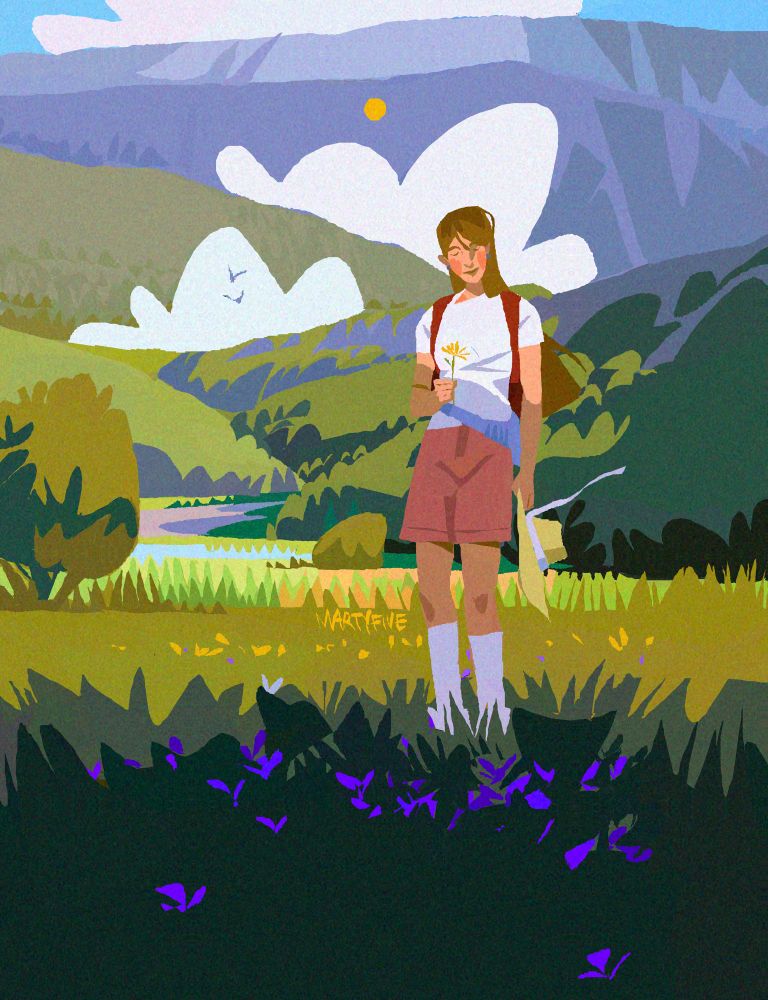digital drawing made in heavypaint. it’s a simple bright and sunny mountain landscape, with white clouds and greenery and flowers. a girl is standing in the grass, turned to us. she has long golden blonde hair, is dressed in a white shirt and red shorts and is holding a hat with a white ribbon on it in her left hand and a yellow flower in her right. she’s smiling, happy and calm, her eyes closed. two birds are flying in the distance. this is a portrait of my friend. i haven’t visited her in a couple years. 
