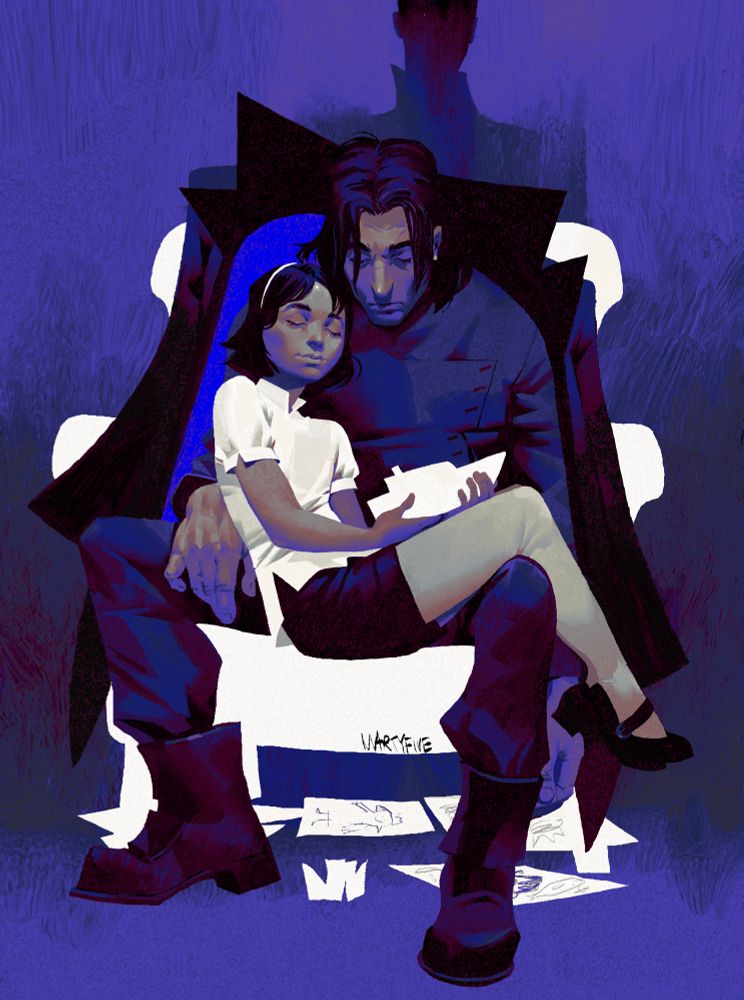 digital drawing of three characters from dishonored games. corvo attano is sitting in an armchair with his daughter emily kaldwin on his knees, both of them sleeping. emily’s dreams are certainly lighter than her father’s, as she is slightly smiling in her sleep. she’s holding samuel’s carved boat in her hands. corvo is definitely tired as heck, as he definitely always is. his head is lowered down and his left hand is almost touching the floor. there are emily’s drawings and an origami steamboat on the floor below them. there’s a coat with a big collar fading down on corvo’s shoulders, and a silhouette of the outsider standing behind the armchair, like a suspicious guardian angel he is.