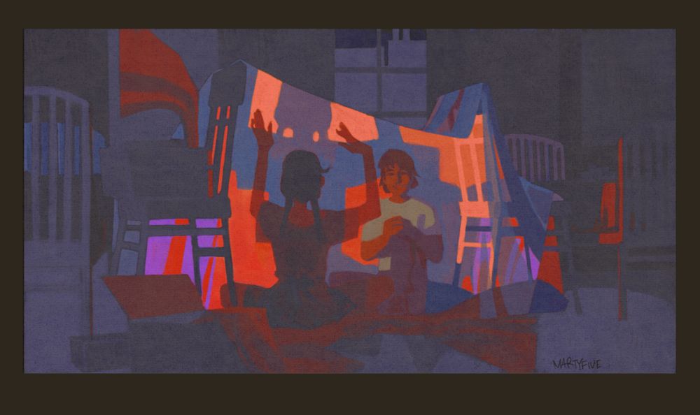 a painting of two siblings sitting in the middle of their room. it’s nighttime and they’ve built a pillow and chair fortress with a bedsheet as a roof. the room is dark, but there’s light and color inside their little space. they’re having fun.