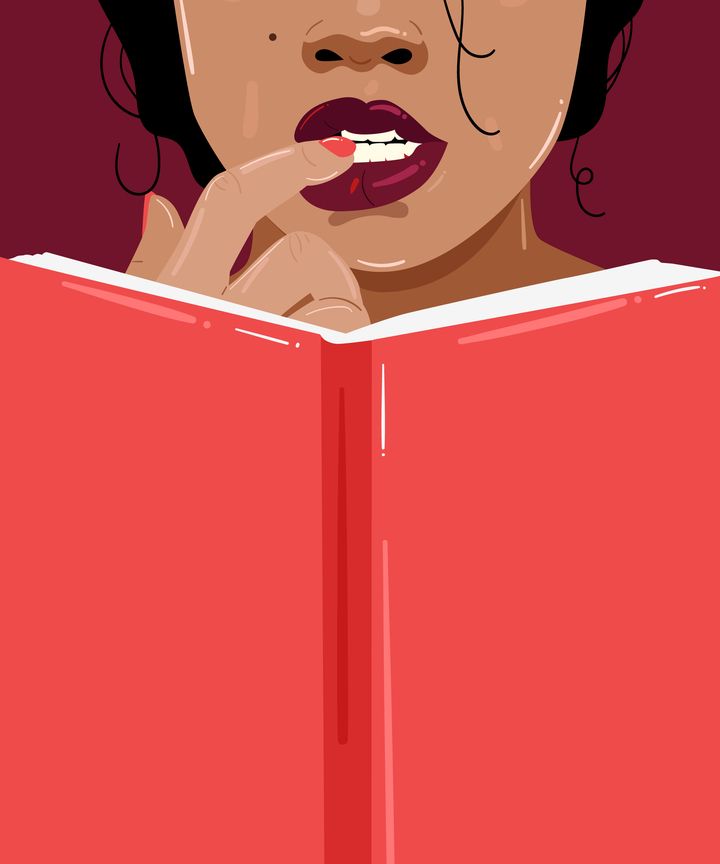 Illustrated image of a woman reading a book and sexily biting her fingernail. Oooer! Steamy!