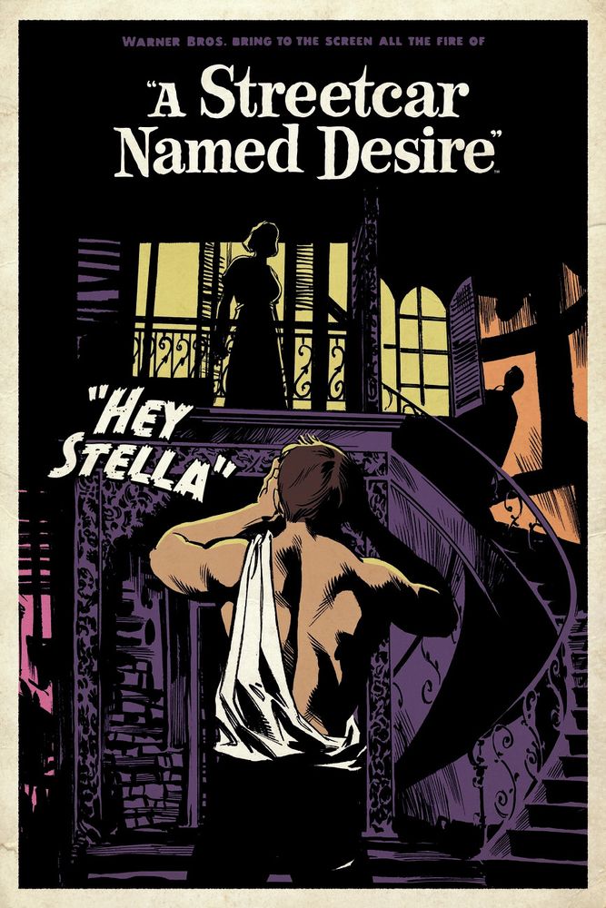 Cover of Streetcar with an illustrated half-naked Stanley calls 'Hey Stella' up to Eunice's apartment.