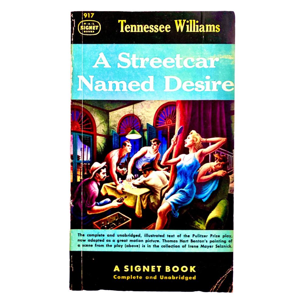 Slightly surreal and colour saturated cover of Streetcar, showing a sexed-up Blanche in a negligee brushing her hair behind a curtain, while men play poker a few feet away. It's all very 'Yoo hoo, boys!'