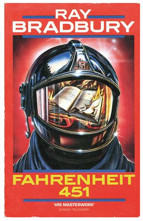 Cover for Fahrenheit 451, showing a very shiny full-face fireman's helmet, reflecting the image of a burning book