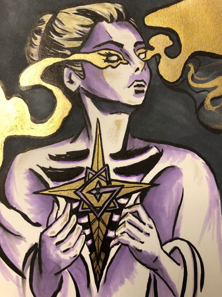 A drawing of a women opening her chest to reveal the Grucifix and her ribs. An ethereal gold fog comes out of her eyes. 