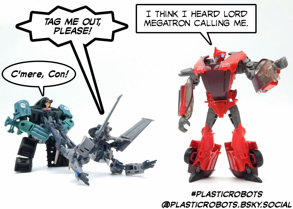 Starscream screams to Knockout to tag him out as the former is being dragged away by an exo-suit wearing Miko Nakadai who's ready to lay a smackdown on the seeker. Knockout walks away from Starscream, claiming that Megatron is calling for him.