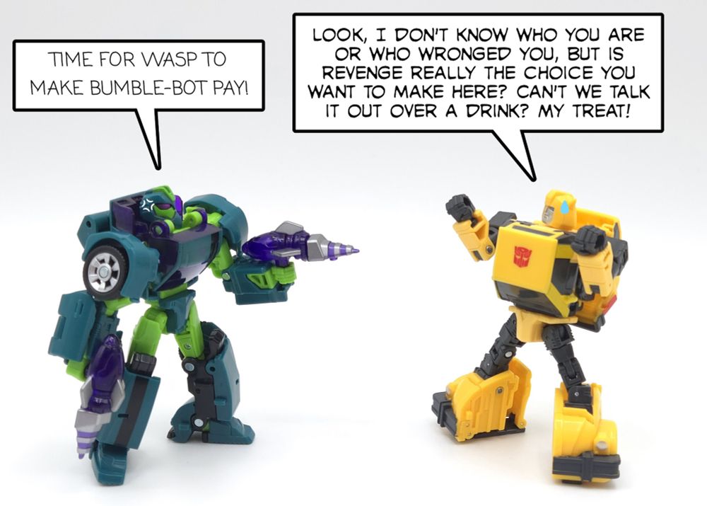 Animated Wasp points his stinger weapon at G1 Bumblebee. Despite his confusion, Bumblebee attempts to calm Wasp down by offering a drink.