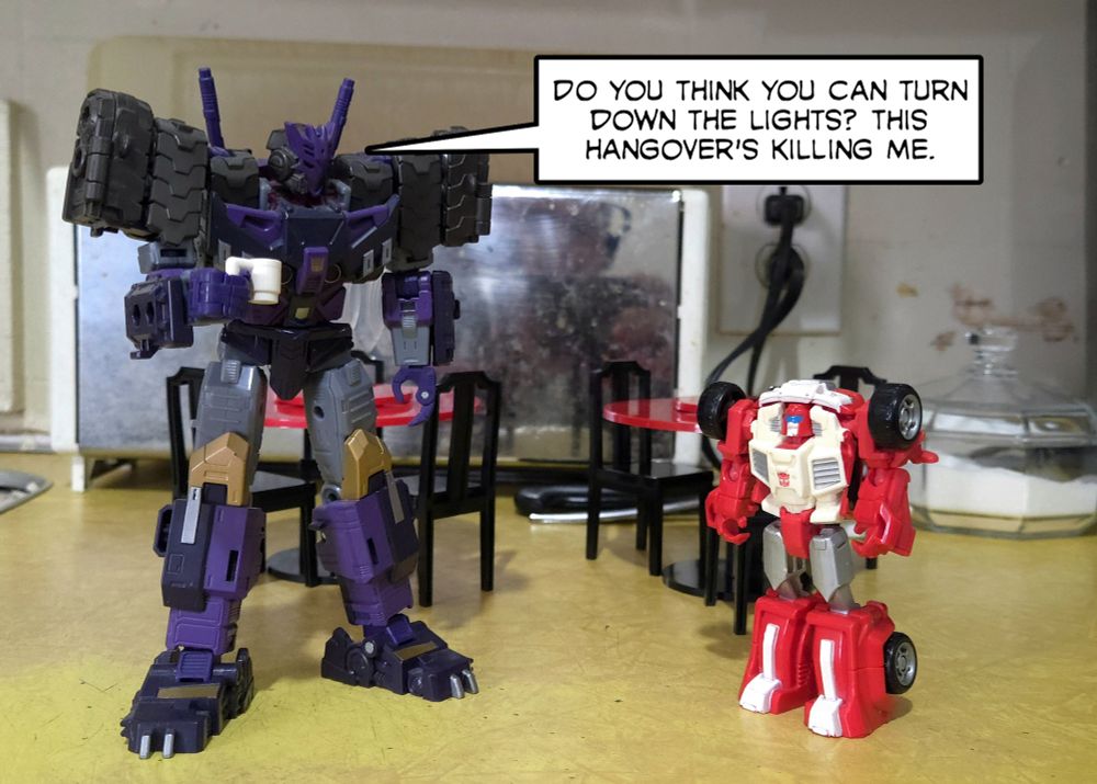 At a café, Tarn asks Swerve if he can turn down the lights because the former is currently hung over.