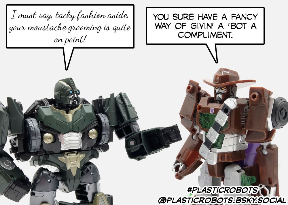 Alchemist Prime compliments Cyberverse Wildwheel's moustache as the latter notes his unusual manner of speech.