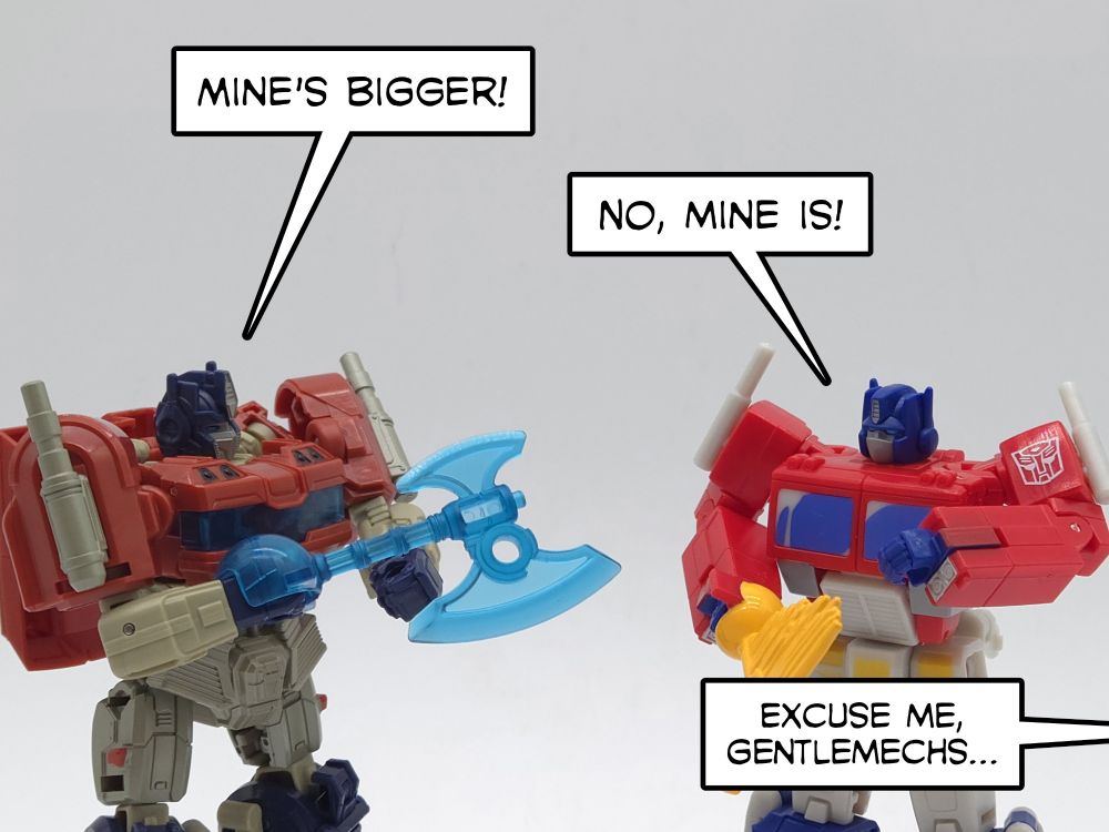 Transformers One Orion Pax & Devastation Optimus Prime are arguing over who has the bigger axe of the two when an off-panel voice interrupts them.