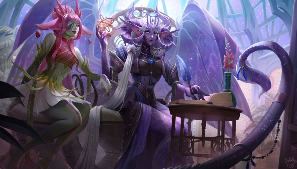 Laynnarrinnth and Mara sit in Laynnarrinnth's study. She's taking notes about different dimensions that she's able to view through her pocket watch device. Mara has dressed for the occasion by making sure her whole outfit is dragon-themed plants! And for anyone that cares about the plants names, hello fellow plant nerds, I gotchu:
Celosia Dragon's Breath, Hosta Dragon Tails, 'Red Dragon' Persicaria Microcephala, Dragon's Breath Peppers, 'Great Red Dragon' Day Lily, Dragon Fruit Cactus/Selenicereus undatus. And then the background plants, Alocasia Silver Dragon, Epiprenum Pinnatum 'Dragon Tail plant', Snapdragon, and Dracaena